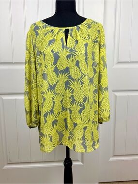 Banana Republic Sheer Neon Yellow Pineapple Print Keyhole Blouse travel Vacation